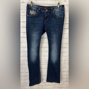 Rock & Roll‎ Cowgirl Denim Rival Low Rise Bootcut Blue Jeans 30x33 Stretch Aztec